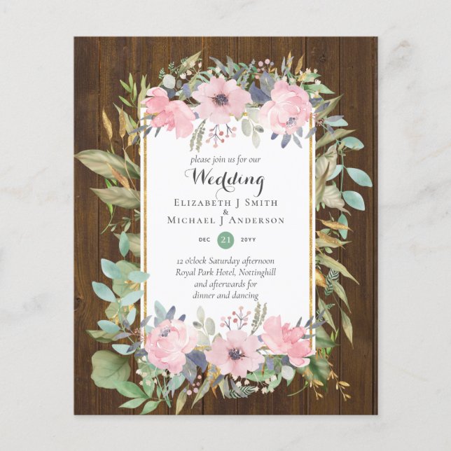 Flyer BUDGET Blush Floral Cor-de-rosa Convites (Frente)