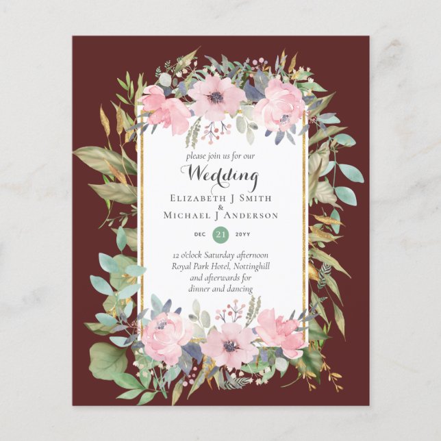 Flyer BUDGET Blush Floral Cor-de-rosa Convites (Frente)