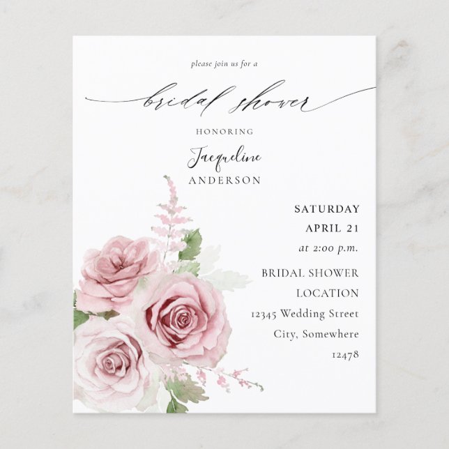 Flyer Budget Blush Pink Floral Bridal Shower (Frente)