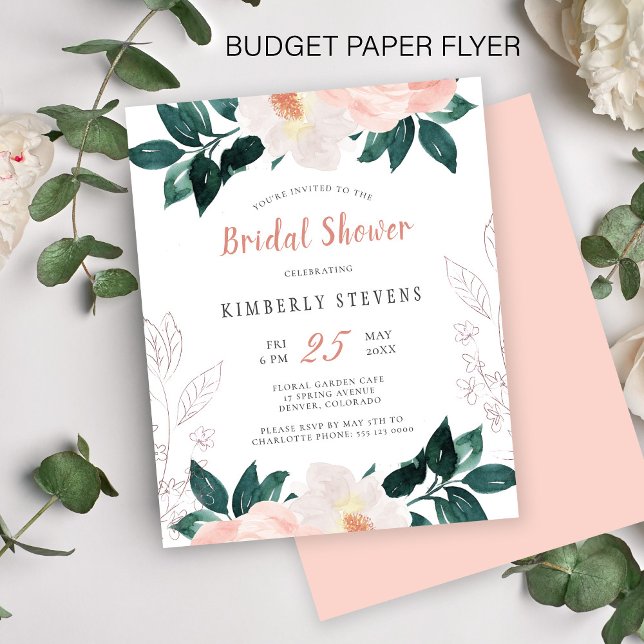 Flyer Budget blush pink floral bridal shower invitation (Criador carregado)