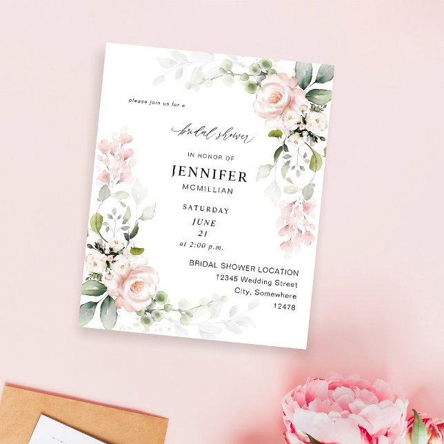 Flyer Budget Blush Pink Floral Eucalyptus Bridal Shower (Criador carregado)
