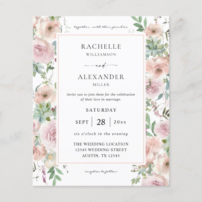 Flyer Budget Blush Pink Floral & Succulent Wedding 2 (Frente)