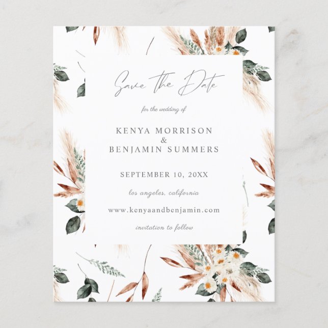 Flyer Budget Boho Copper & Beige Floral Save the Date (Frente)