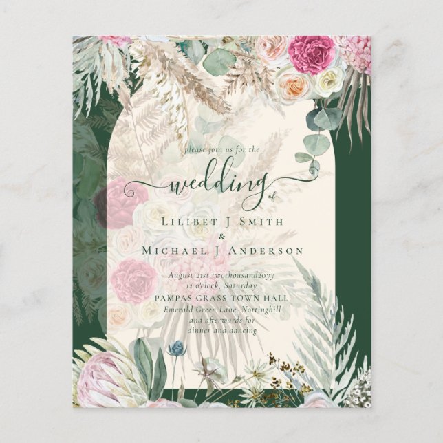Flyer BUDGET BOHO Emerald Green BOHO Casamento Rosa Flor (Frente)