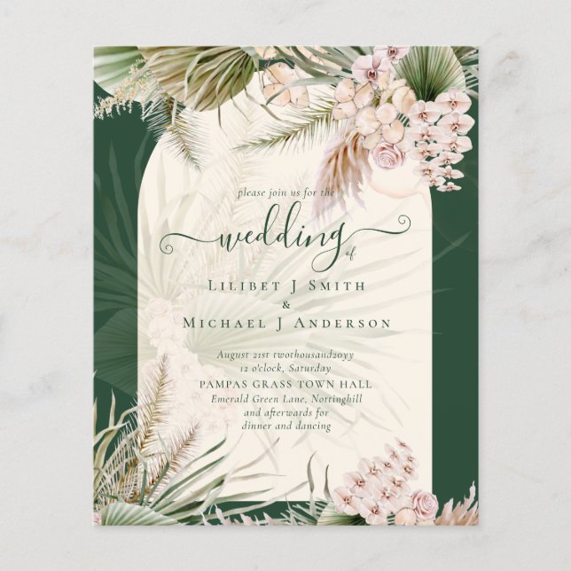 Flyer BUDGET BOHO Pampas Grass Convite para Casamento Ve (Frente)