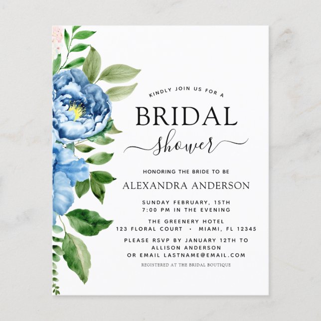 Flyer Budget Bridal Shower Blue Floral Invitation (Frente)
