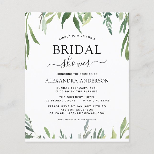 Flyer Budget Bridal Shower Botanical Greenery Invitation (Frente)