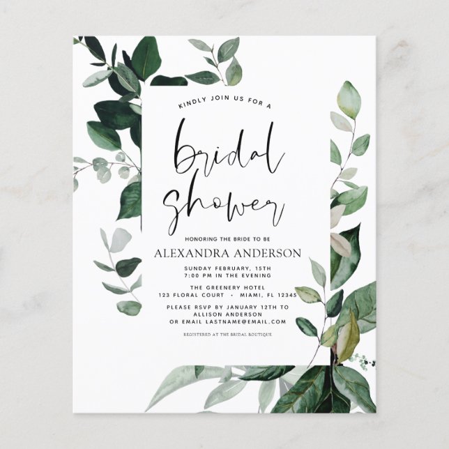 Flyer Budget Bridal Shower Botanical Greenery Invitation (Frente)