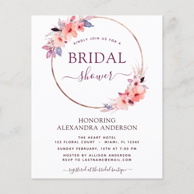 Flyer Budget Bridal Shower Burgundy Geometric Invitation (Frente)