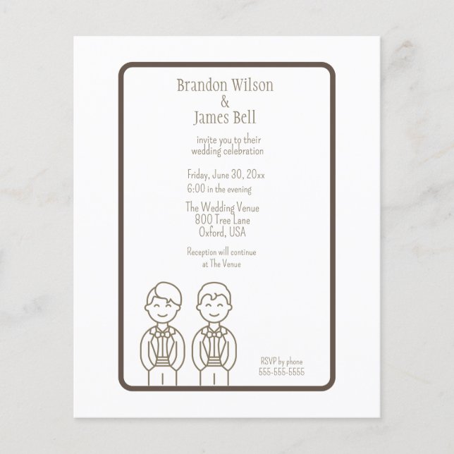 Flyer BUDGET Brown Gay Couple Wedding Invitation (Frente)