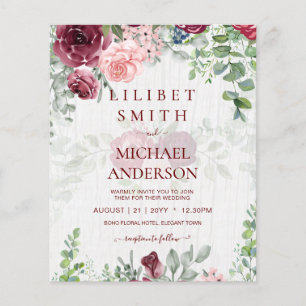 Flyer BUDGET Burgundy Blush Convite de casamento Floral