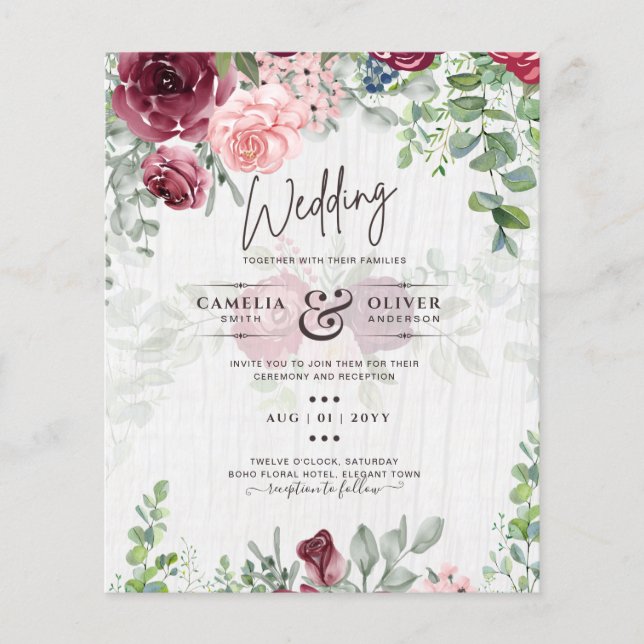 Flyer BUDGET Burgundy Blush Convite de casamento Floral  (Frente)