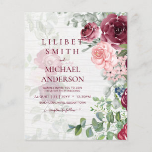 Flyer BUDGET Burgundy Blush Convite de casamento Floral