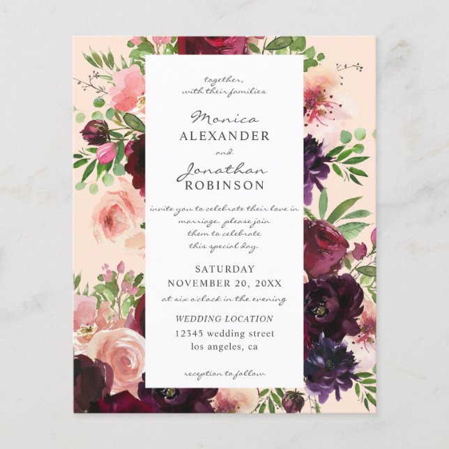 Flyer Budget Burgundy & Blush Floral Wedding on Pink (Frente)