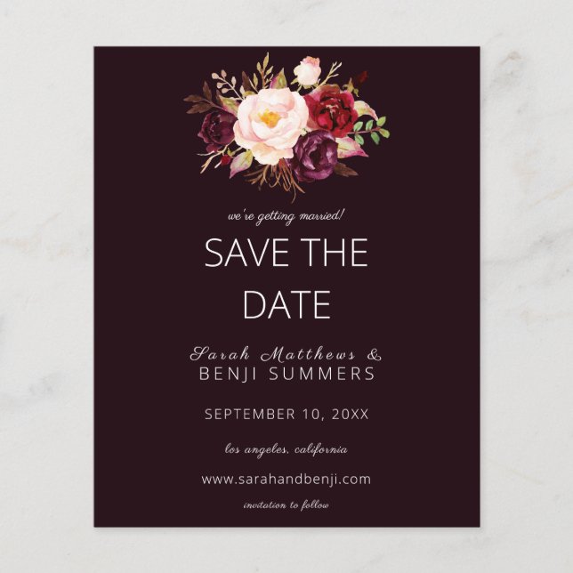 Flyer Budget Burgundy Marsa Floral Save the Date - D Red (Frente)