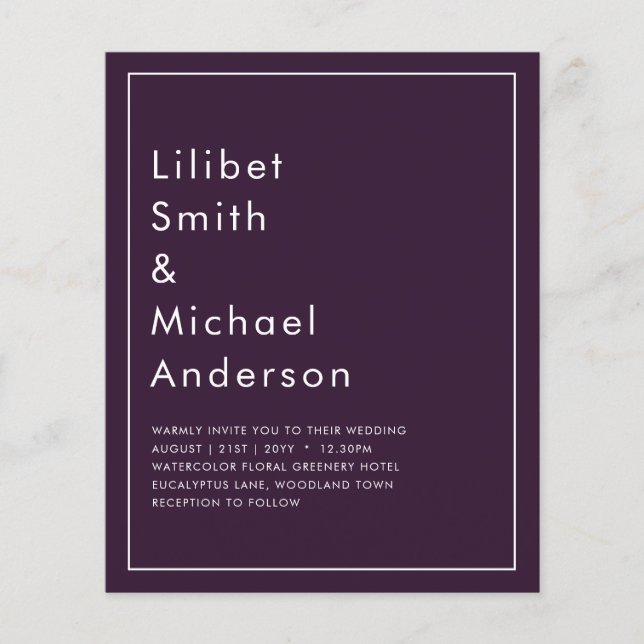 Flyer BUDGET Casamento PLUM PURPLE Monocromo Simples (Frente)