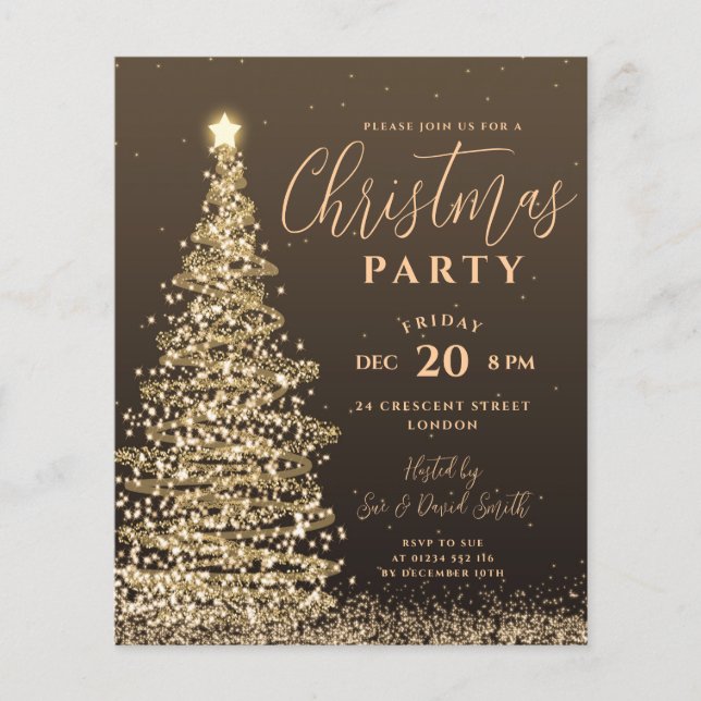 Flyer Budget Christmas Tree Party Gold Holiday Invite (Frente)