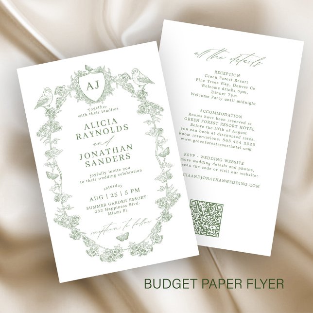 Flyer Budget classic sage all in one wedding invitation (Criador carregado)