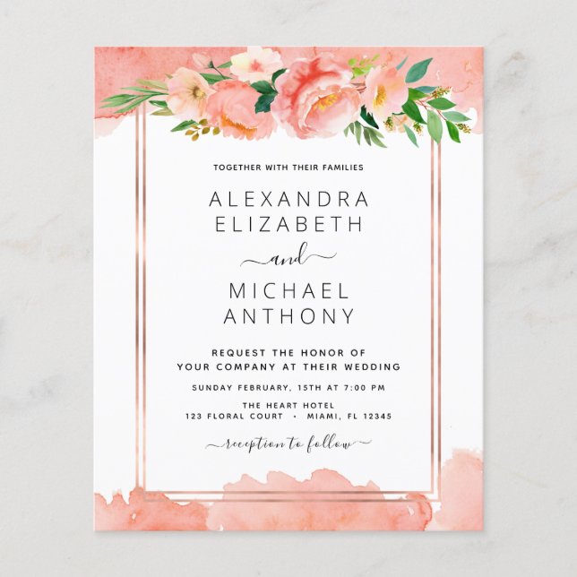 Flyer Budget Coral Peach Floral Wedding Invitation (Frente)