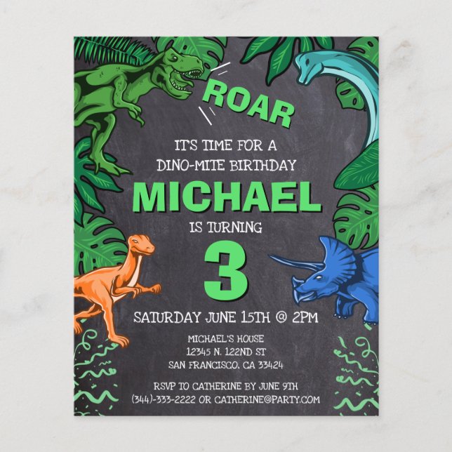 Flyer Budget Dinosaur Kids Dino Trex Birthday Invitation (Frente)