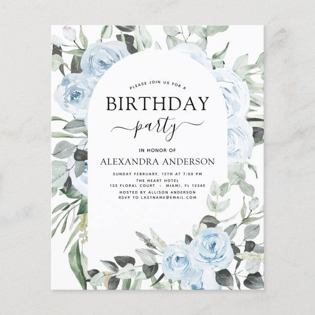Flyer Budget Dusty Blue Birthday Party Floral Invitation (Frente)