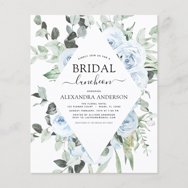 Flyer Budget Dusty Blue Bridal Shower Luncheon (Frente)