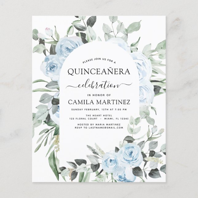 Flyer Budget Dusty Blue Quinceañera Floral Invitation (Frente)