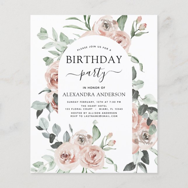 Flyer Budget Dusty Pink Birthday Party Floral Invitation (Frente)