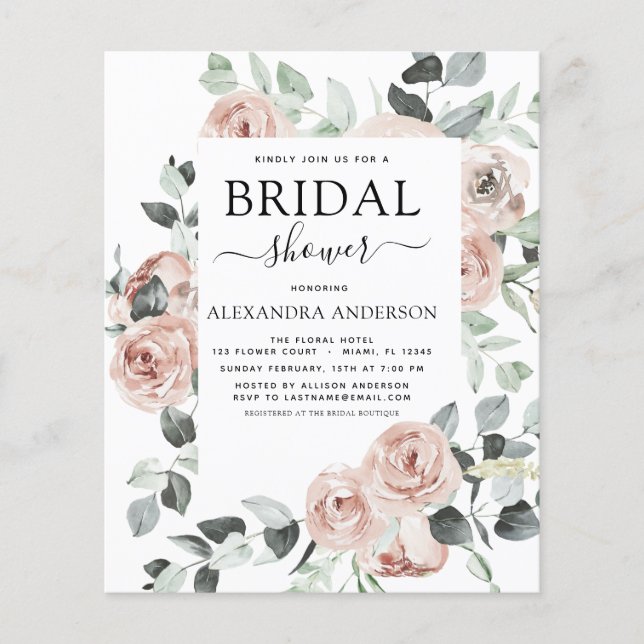 Flyer Budget Dusty Pink Bridal Shower Floral Invitation (Frente)
