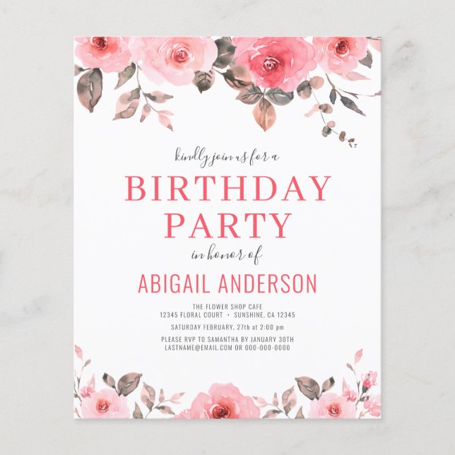 Flyer Budget Dusty Pink Floral Birthday Party Invitation (Frente)