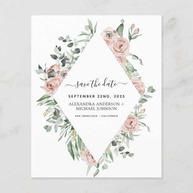 Flyer Budget Dusty Pink Floral Save the Date Invitation (Frente)