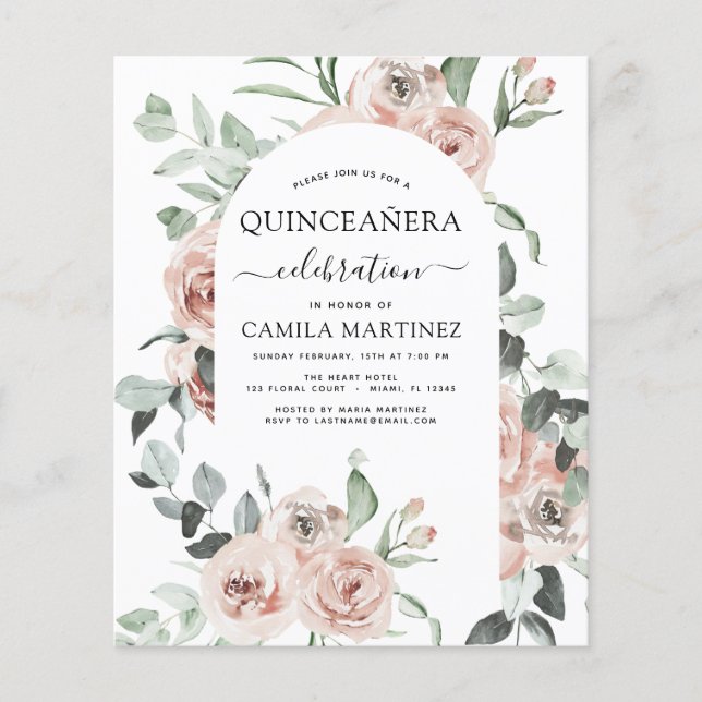 Flyer Budget Dusty Pink Quinceañera Floral Invitation (Frente)