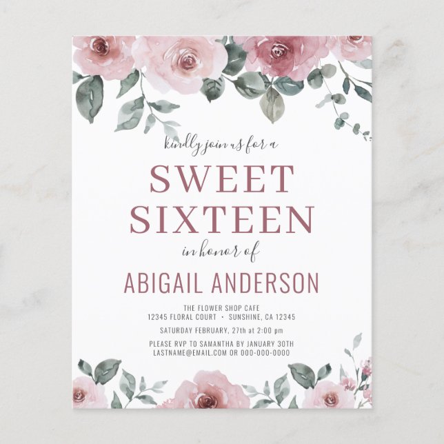 Flyer Budget Dusty Rose Floral Sweet Sixteen Invitation (Frente)