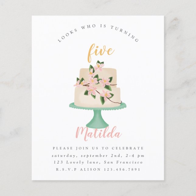 Flyer budget editable birthday cake party invitation (Frente)