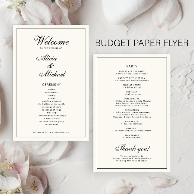 Flyer Budget elegant simple black ivory wedding program (Criador carregado)