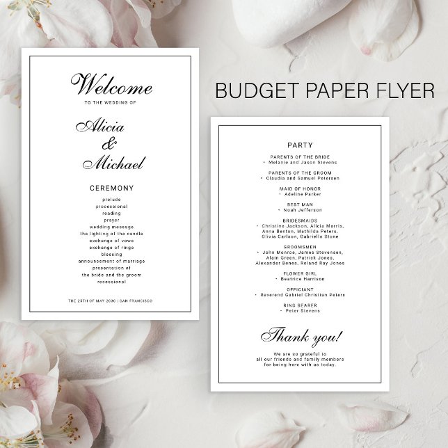 Flyer Budget elegant simple black white wedding program (Criador carregado)