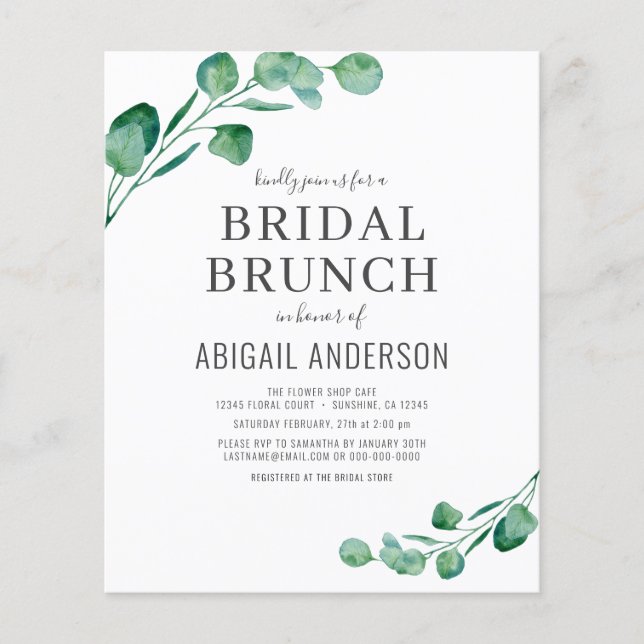 Flyer Budget Eucalyptus Foliage Bridal Brunch Invitation (Frente)