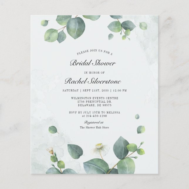 Flyer Budget Eucalyptus Foliage Bridal Shower Invitation (Frente)