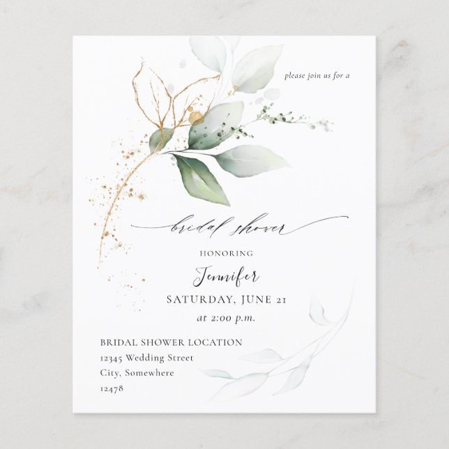 Flyer Budget Eucalyptus Glow Gold Greenery Bridal Shower (Frente)