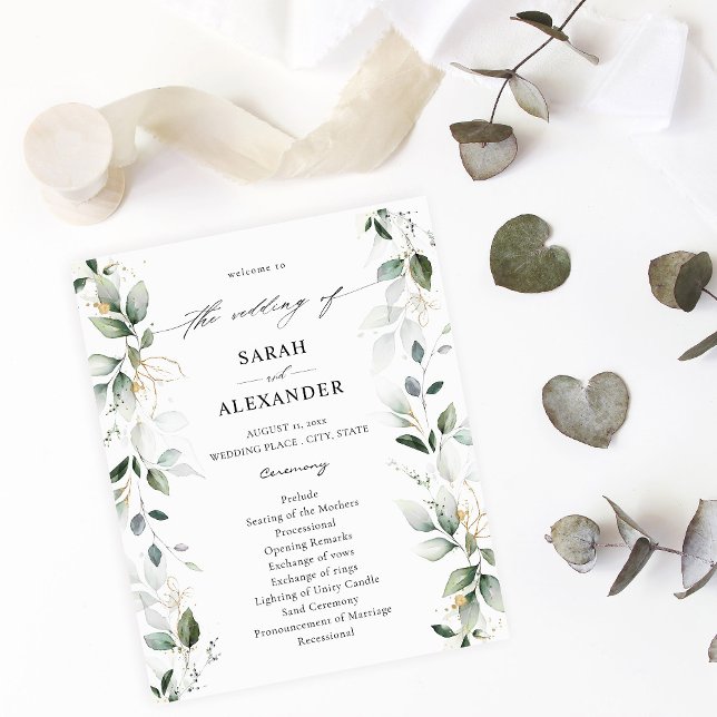 Flyer Budget Eucalyptus Glow Gold Wedding Ceremony 2 (Criador carregado)