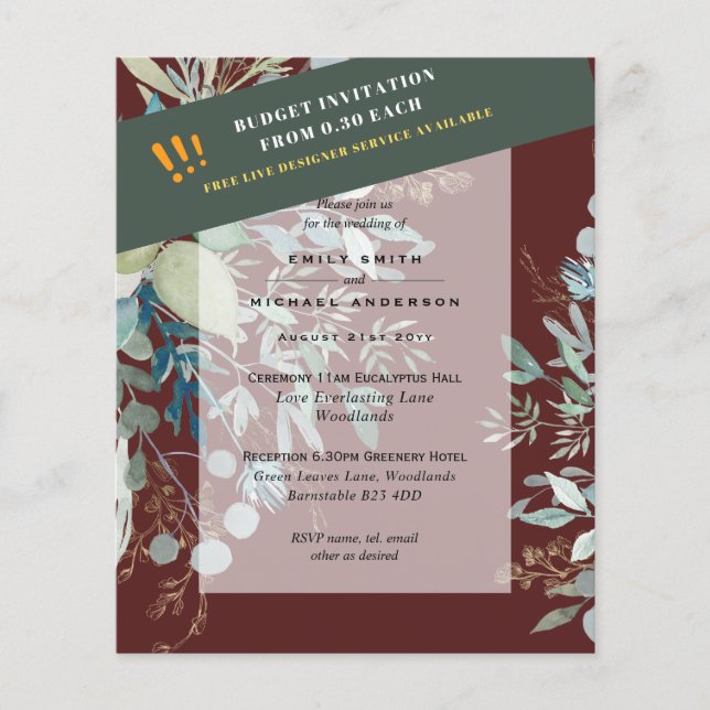 Flyer BUDGET EUCALYPTUS Greenery Leaves Wedding INVITES  (Frente)