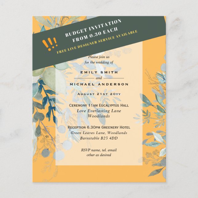 Flyer BUDGET EUCALYPTUS Greenery Leaves Wedding INVITES  (Frente)