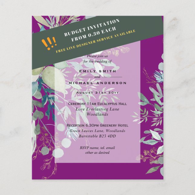 Flyer BUDGET EUCALYPTUS Greenery Leaves Wedding INVITES  (Frente)