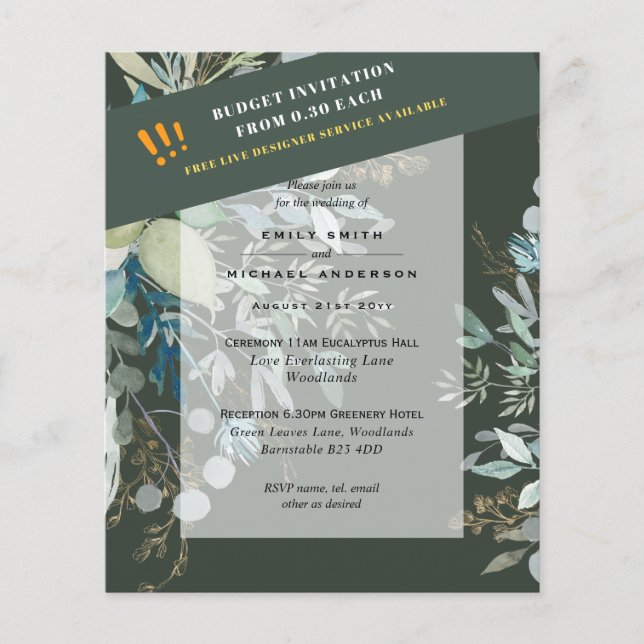 Flyer BUDGET EUCALYPTUS Greenery Leaves Wedding INVITES  (Frente)