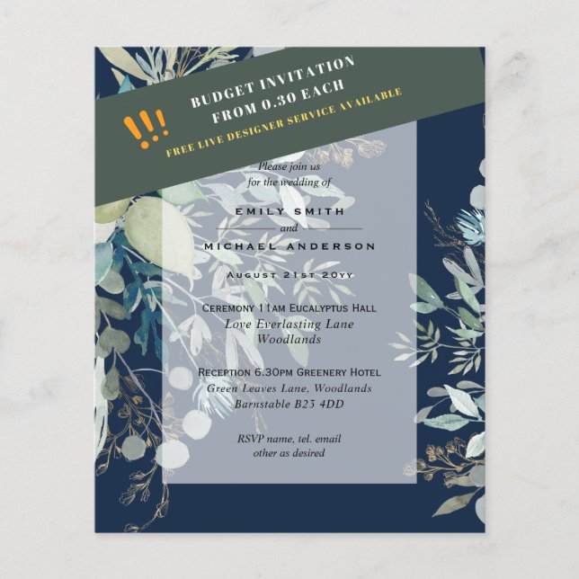 Flyer BUDGET EUCALYPTUS Greenery Leaves Wedding INVITES  (Frente)