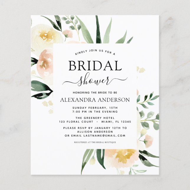 Flyer Budget Floral Bridal Shower Sage Greenery (Frente)