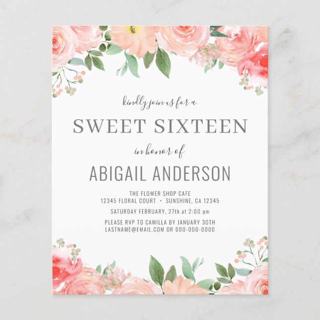 Flyer Budget Floral Girly Sweet 16 Birthday Invitation (Frente)