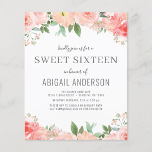 Flyer Budget Floral Girly Sweet 16 Birthday Invitation