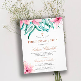 Flyer Budget floral pink holy first communion invitation