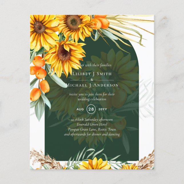 Flyer BUDGET Girassóis Pampas Grass Green BOHo Casamento (Frente)